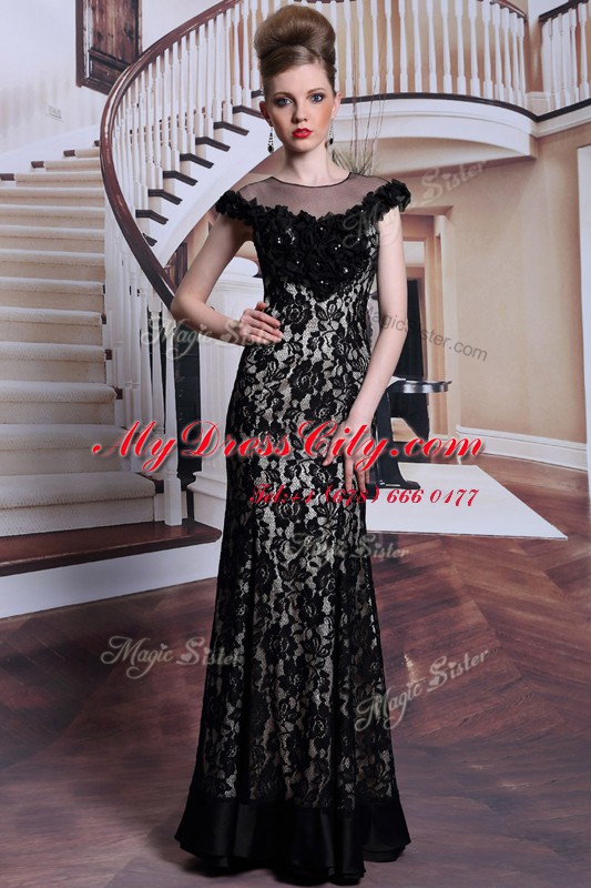 Black Scoop Neckline Beading and Lace and Hand Made Flower Homecoming Dress Cap Sleeves Zipper