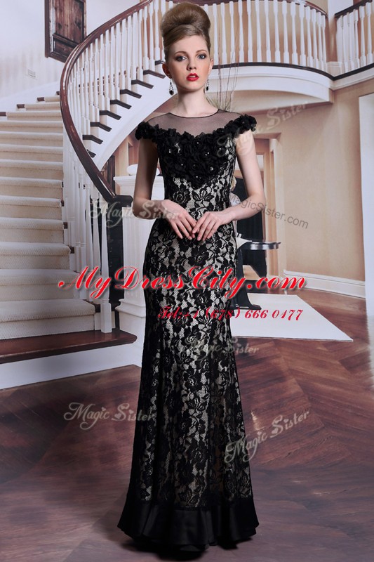 Black Scoop Neckline Beading and Lace and Hand Made Flower Homecoming Dress Cap Sleeves Zipper