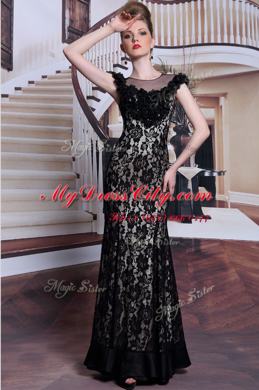 Black Scoop Neckline Beading and Lace and Hand Made Flower Homecoming Dress Cap Sleeves Zipper