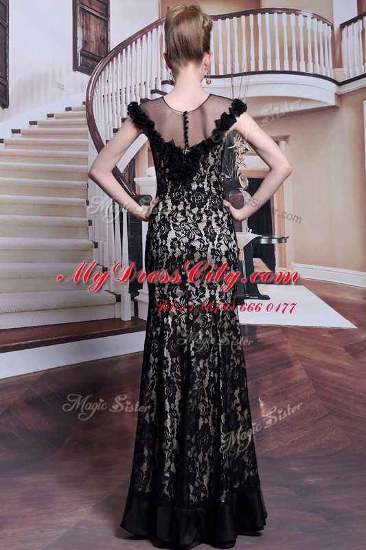 Black Scoop Neckline Beading and Lace and Hand Made Flower Homecoming Dress Cap Sleeves Zipper