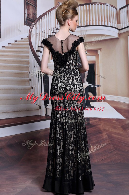 Black Scoop Neckline Beading and Lace and Hand Made Flower Homecoming Dress Cap Sleeves Zipper