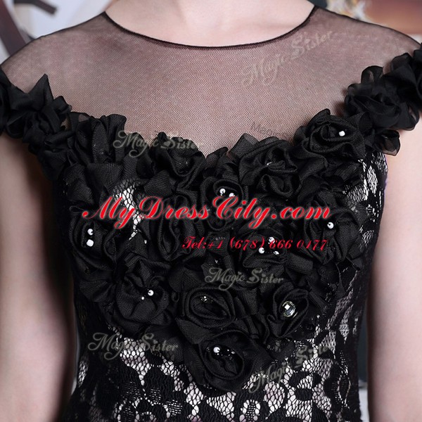 Black Scoop Neckline Beading and Lace and Hand Made Flower Homecoming Dress Cap Sleeves Zipper