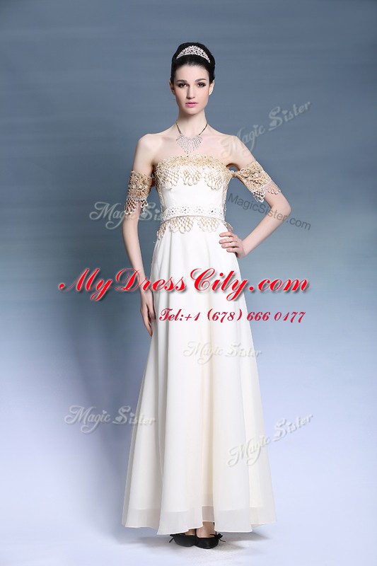 Off the Shoulder Floor Length Empire Short Sleeves White Prom Dress Zipper