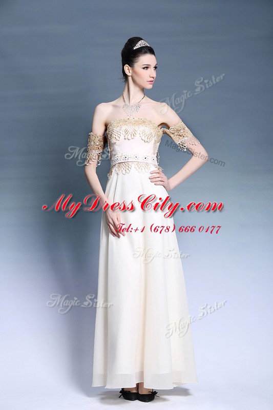 Off the Shoulder Floor Length Empire Short Sleeves White Prom Dress Zipper