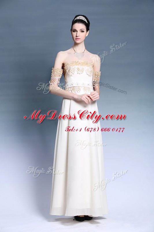 Off the Shoulder Floor Length Empire Short Sleeves White Prom Dress Zipper