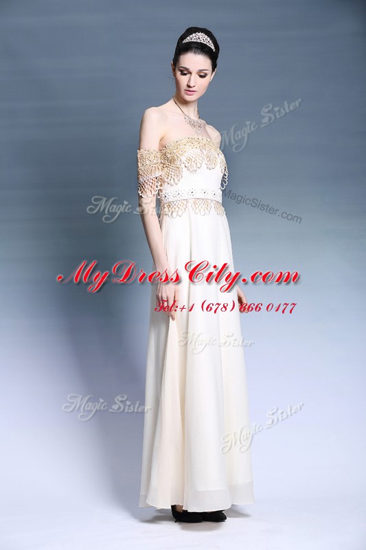 Off the Shoulder Floor Length Empire Short Sleeves White Prom Dress Zipper