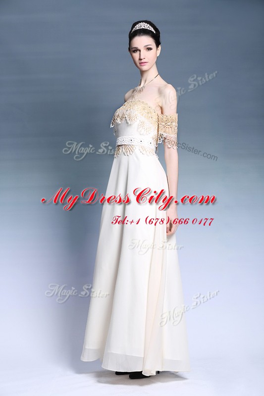 Off the Shoulder Floor Length Empire Short Sleeves White Prom Dress Zipper