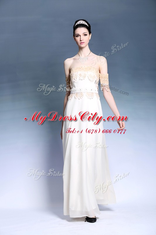 Off the Shoulder Floor Length Empire Short Sleeves White Prom Dress Zipper