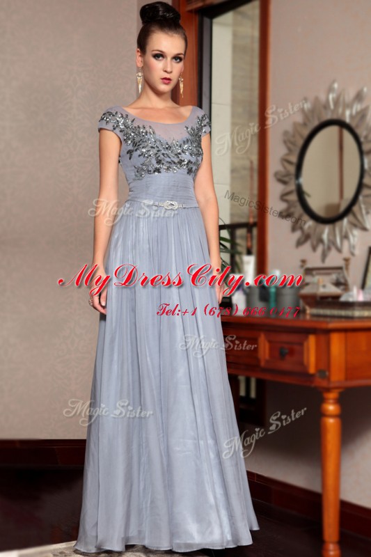 Cute Grey Scoop Side Zipper Beading and Sequins and Ruching and Belt Homecoming Dress Cap Sleeves