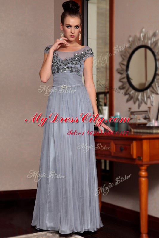 Cute Grey Scoop Side Zipper Beading and Sequins and Ruching and Belt Homecoming Dress Cap Sleeves