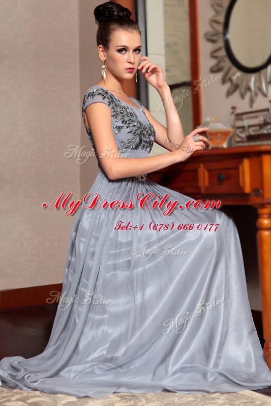 Cute Grey Scoop Side Zipper Beading and Sequins and Ruching and Belt Homecoming Dress Cap Sleeves