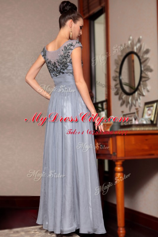 Cute Grey Scoop Side Zipper Beading and Sequins and Ruching and Belt Homecoming Dress Cap Sleeves