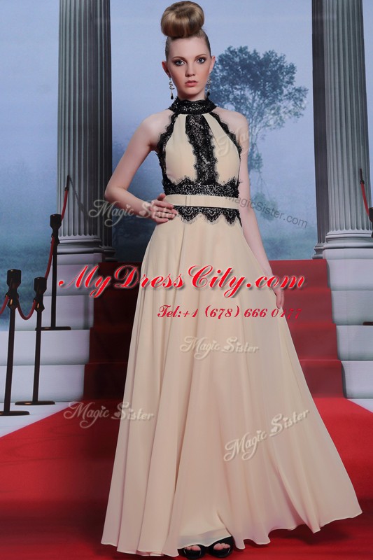 High-neck Sleeveless Criss Cross Prom Dresses Champagne Chiffon