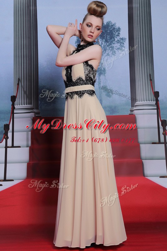 High-neck Sleeveless Criss Cross Prom Dresses Champagne Chiffon