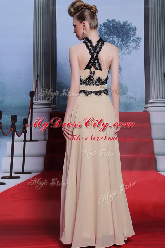 High-neck Sleeveless Criss Cross Prom Dresses Champagne Chiffon