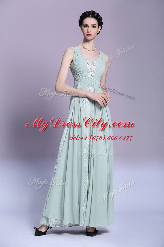 Superior V-neck Sleeveless Chiffon Dress for Prom Beading and Ruching Backless