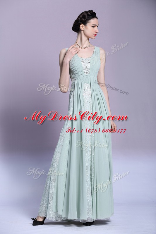 Superior V-neck Sleeveless Chiffon Dress for Prom Beading and Ruching Backless