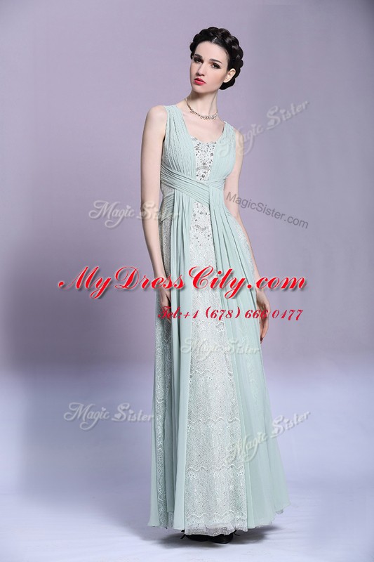 Superior V-neck Sleeveless Chiffon Dress for Prom Beading and Ruching Backless