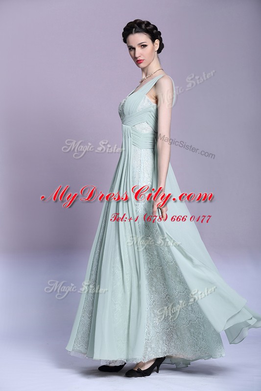 Superior V-neck Sleeveless Chiffon Dress for Prom Beading and Ruching Backless