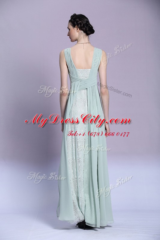 Superior V-neck Sleeveless Chiffon Dress for Prom Beading and Ruching Backless