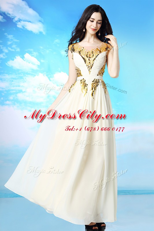 White Scoop Neckline Sequins and Ruching Prom Dresses Cap Sleeves Side Zipper