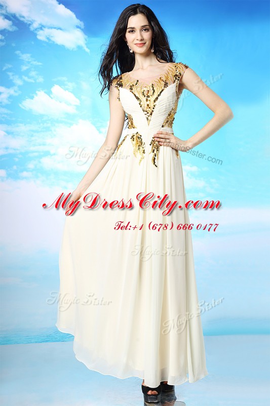 White Scoop Neckline Sequins and Ruching Prom Dresses Cap Sleeves Side Zipper