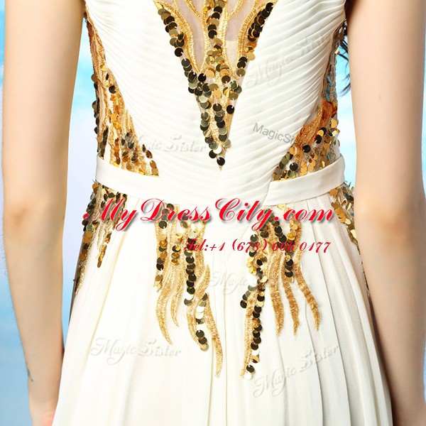 White Scoop Neckline Sequins and Ruching Prom Dresses Cap Sleeves Side Zipper