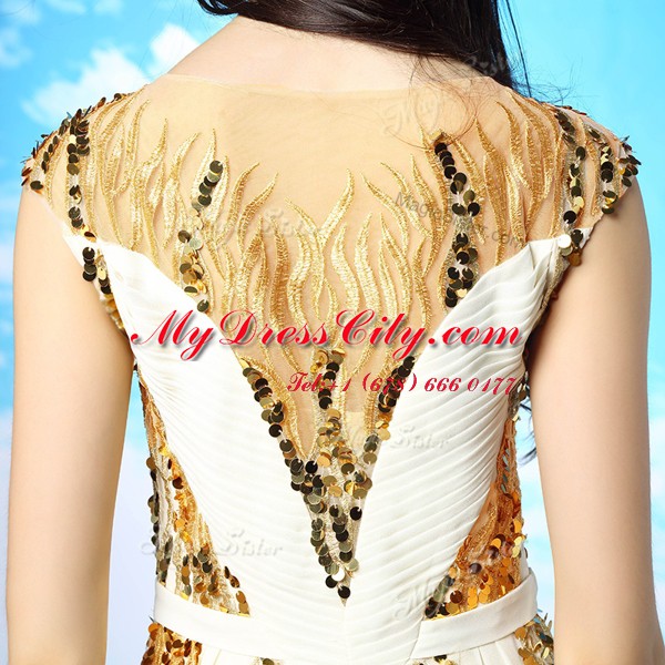 White Scoop Neckline Sequins and Ruching Prom Dresses Cap Sleeves Side Zipper