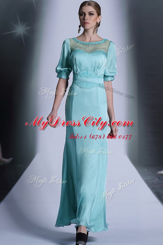 Half Sleeves Chiffon Floor Length Zipper Dress for Prom in Aqua Blue with Sequins and Pleated