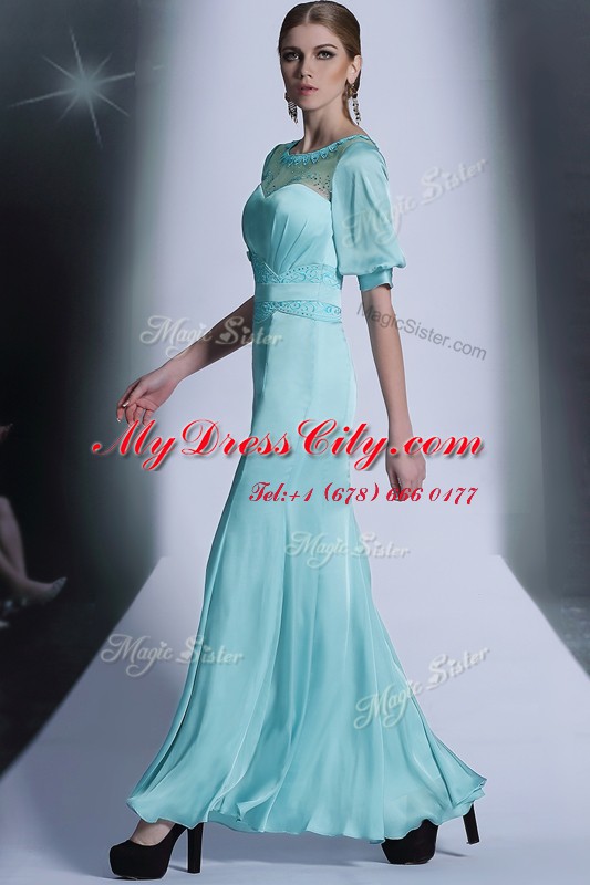 Half Sleeves Chiffon Floor Length Zipper Dress for Prom in Aqua Blue with Sequins and Pleated