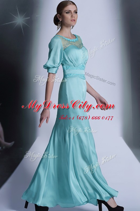 Half Sleeves Chiffon Floor Length Zipper Dress for Prom in Aqua Blue with Sequins and Pleated