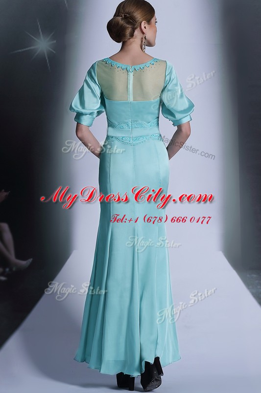 Half Sleeves Chiffon Floor Length Zipper Dress for Prom in Aqua Blue with Sequins and Pleated