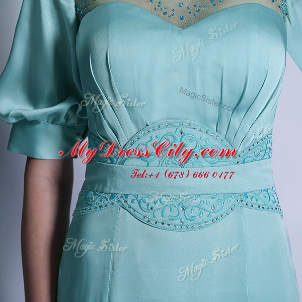 Half Sleeves Chiffon Floor Length Zipper Dress for Prom in Aqua Blue with Sequins and Pleated