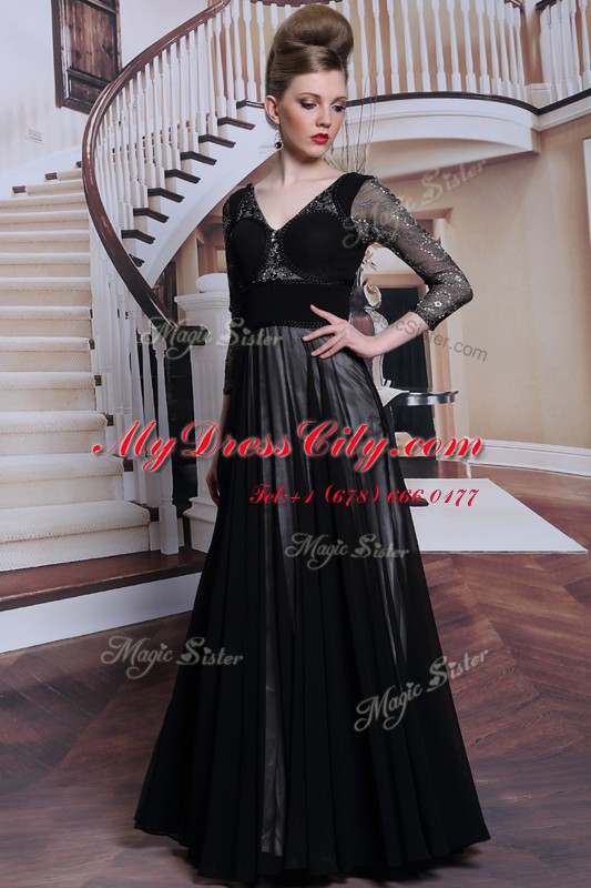 Enchanting Black Chiffon Zipper 3 4 Length Sleeve Floor Length Beading