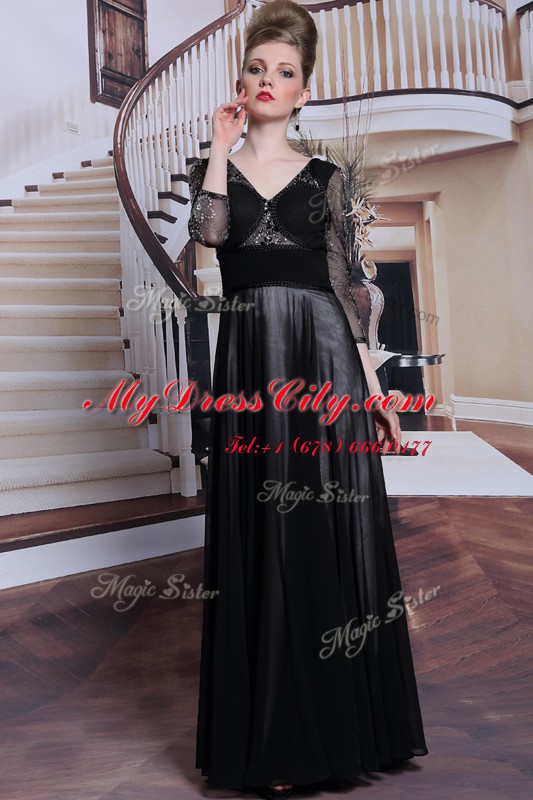 Enchanting Black Chiffon Zipper 3 4 Length Sleeve Floor Length Beading