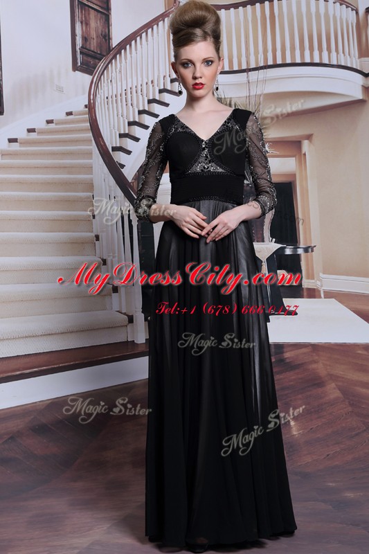 Enchanting Black Chiffon Zipper 3 4 Length Sleeve Floor Length Beading