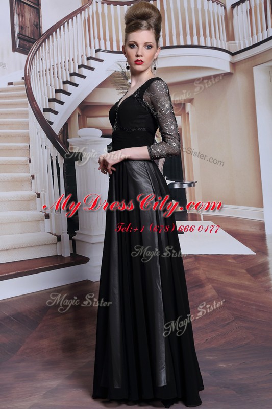 Enchanting Black Chiffon Zipper 3 4 Length Sleeve Floor Length Beading