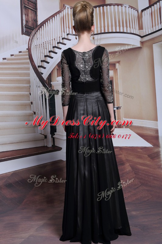 Enchanting Black Chiffon Zipper 3 4 Length Sleeve Floor Length Beading