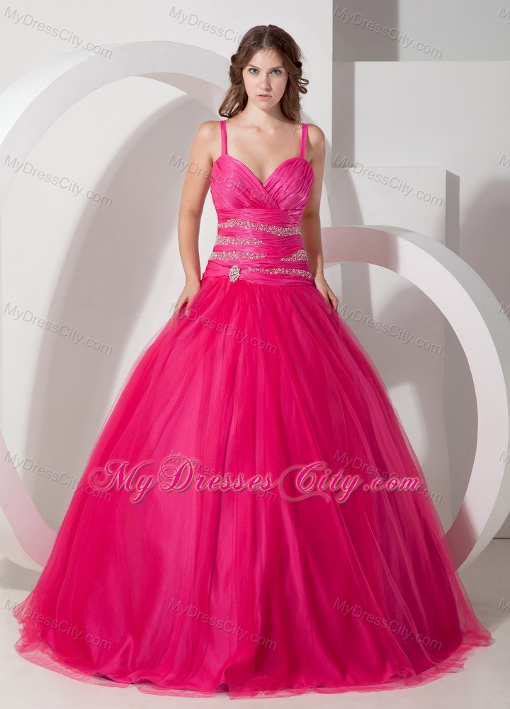 Spaghetti Straps Coral Red Tulle Quinceanera Dress with Beading