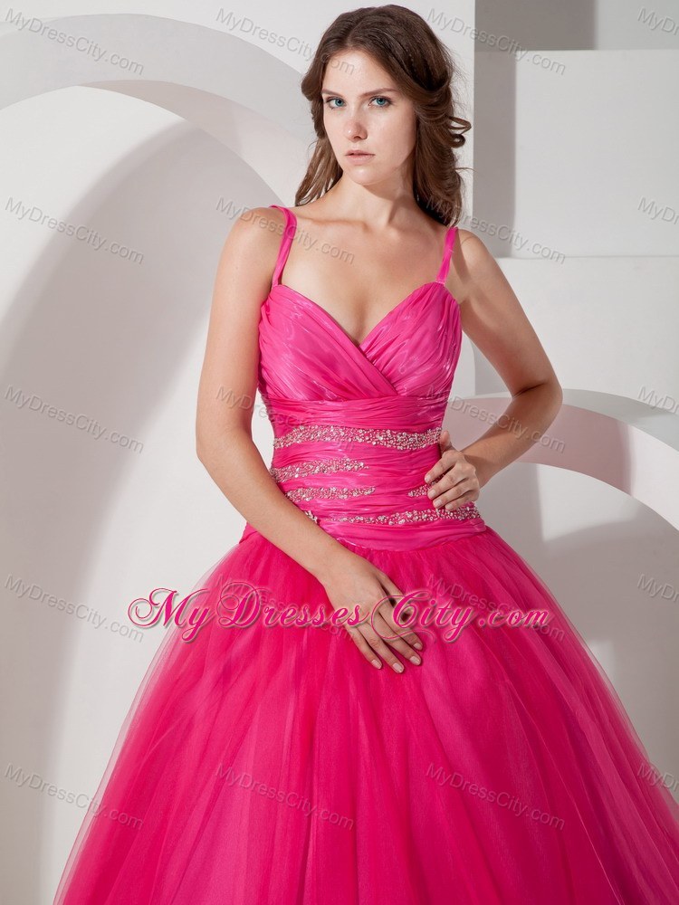 Spaghetti Straps Coral Red Tulle Quinceanera Dress with Beading