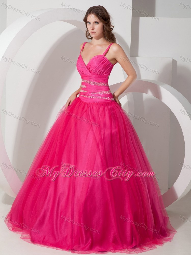 Spaghetti Straps Coral Red Tulle Quinceanera Dress with Beading