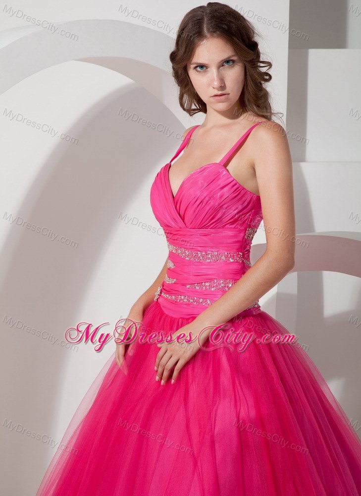 Spaghetti Straps Coral Red Tulle Quinceanera Dress with Beading