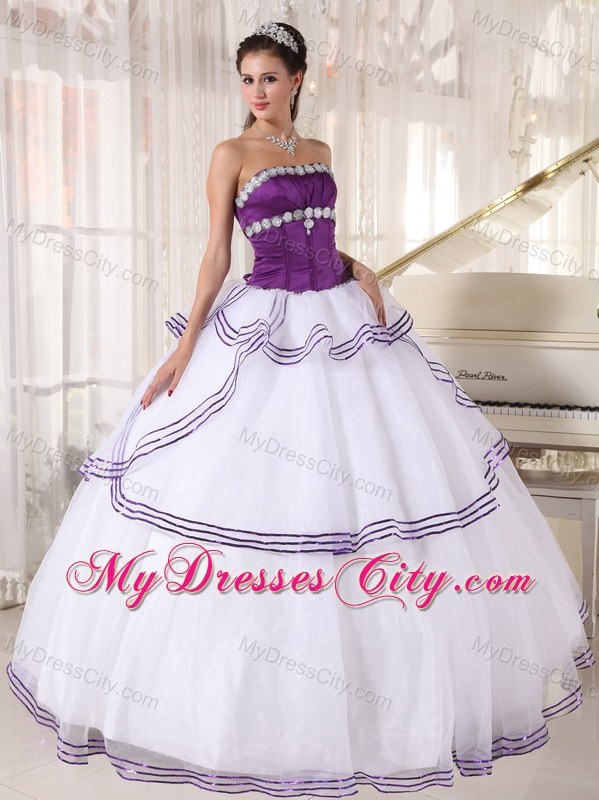 White and Purple Organza Appliques Quinceanera Party Dress