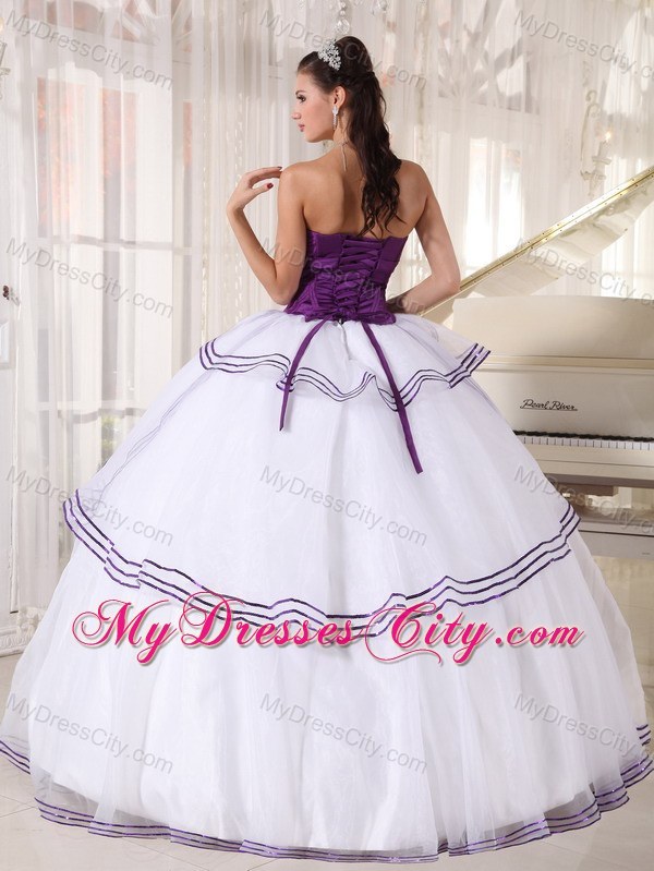 White and Purple Organza Appliques Quinceanera Party Dress