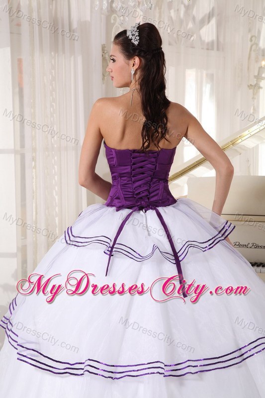 White and Purple Organza Appliques Quinceanera Party Dress