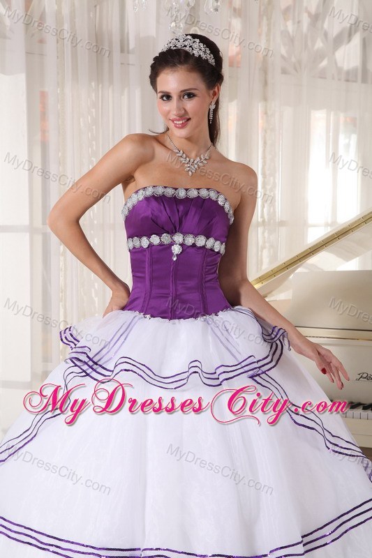 White and Purple Organza Appliques Quinceanera Party Dress