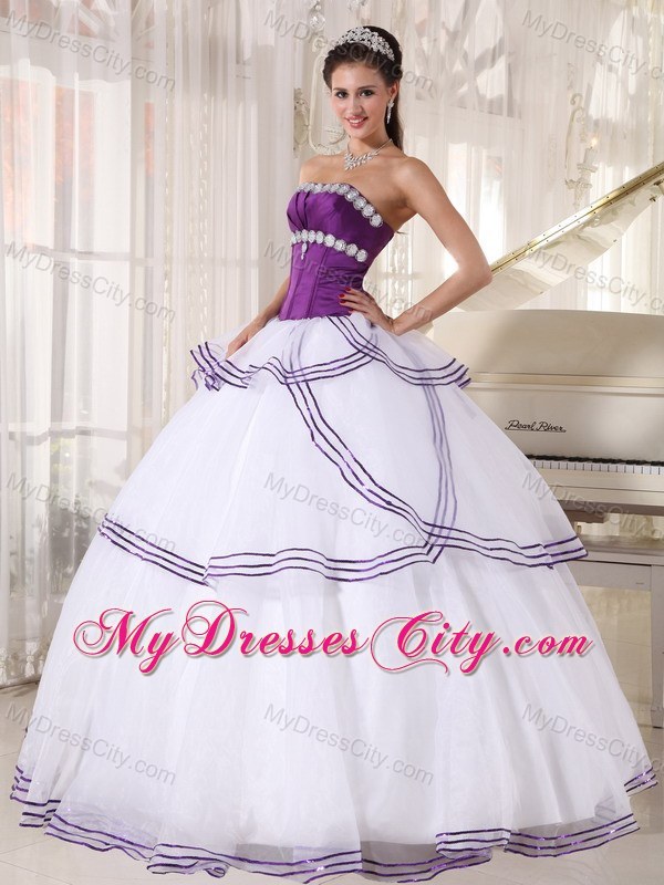 White and Purple Organza Appliques Quinceanera Party Dress