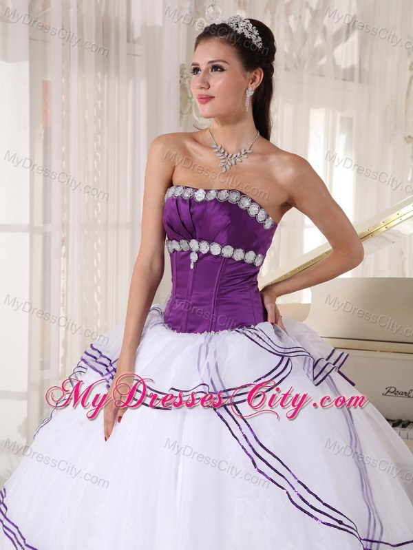 White and Purple Organza Appliques Quinceanera Party Dress