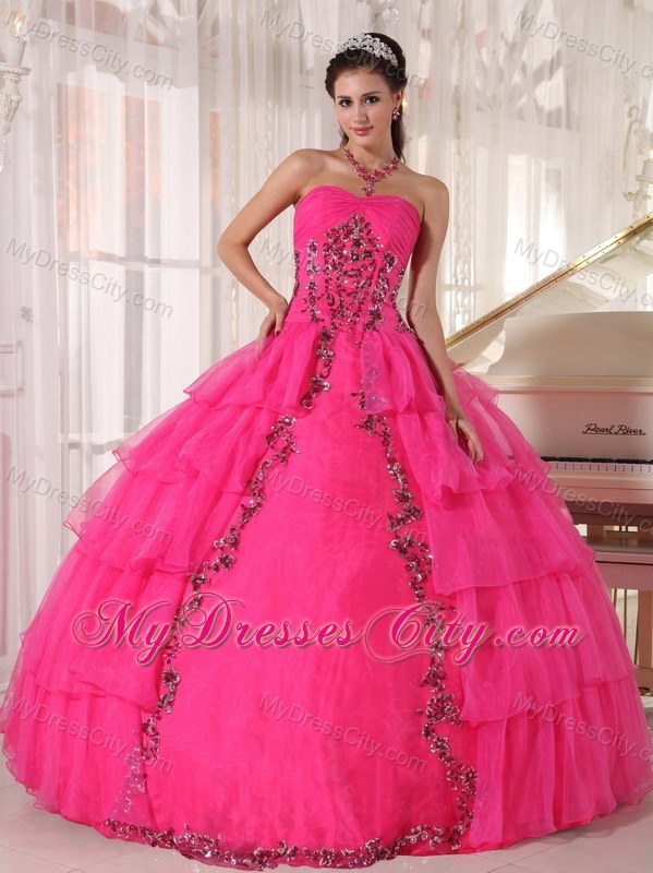 Hot Pink Sweetheart Organza Paillette Puffy Quinceanera Dress