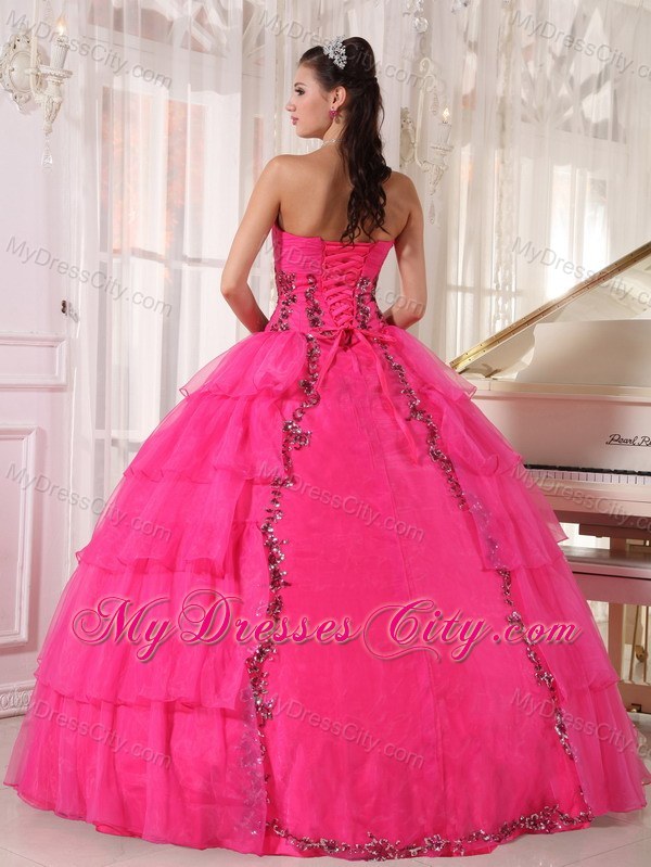 Hot Pink Sweetheart Organza Paillette Puffy Quinceanera Dress